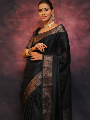 RASVRITI Solid/Plain Kanjivaram Pure Silk, Art Silk Saree(Black)