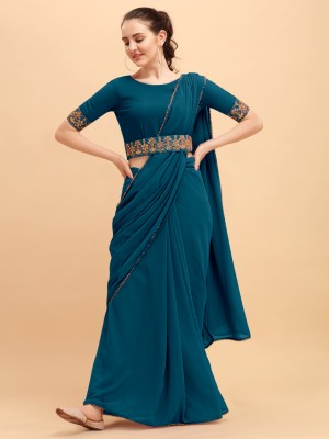 ROOP SUNDARI SAREES Solid/Plain, Embroidered, Dyed Bollywood Georgette Saree(Blue)