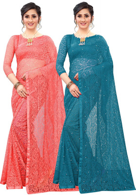 LOROFY Self Design Bollywood Net Saree(Pack of 2, Multicolor)