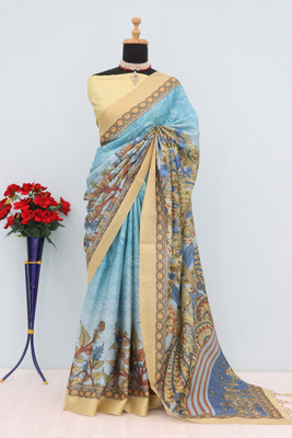 Laxmi Fashion Printed, Floral Print Assam Silk Jacquard, Cotton Silk Saree(Light Blue, Multicolor)