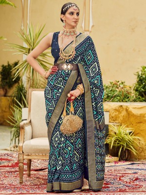 Sareemall Printed Ikkat Tussar Silk Saree(Dark Blue)