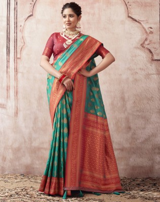 Siril Woven, Embellished, Self Design Paithani Silk Blend, Jacquard Saree(Blue, Red)