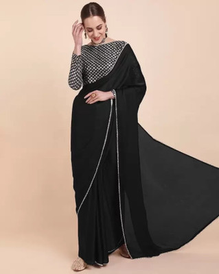 QUEDDY'S Solid/Plain Bollywood Silk Blend Saree(Black)