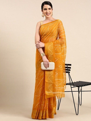 Aangan Silk Printed Daily Wear Cotton Blend Saree(Yellow)