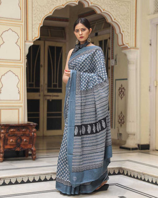 DASTKARPRINT Printed, Color Block, Blocked Printed, Floral Print, Dyed Daily Wear Pure Cotton Saree(Grey)