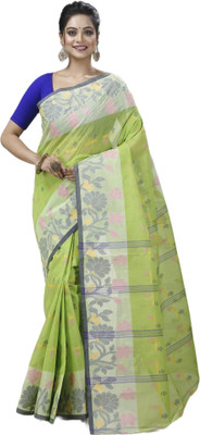 SUBHO SAREE CENTRE Woven, Embellished Tant Pure Cotton Saree(Green)