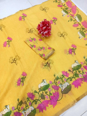 HouseOfCommon Printed Kanjivaram Pure Cotton, Cotton Linen Saree(Yellow)