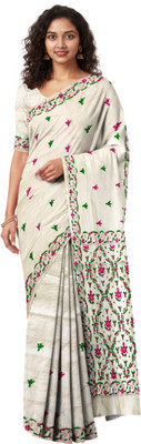 SHRISTI CLOTHINGS Embroidered Kantha Cotton Silk Saree(Cream)
