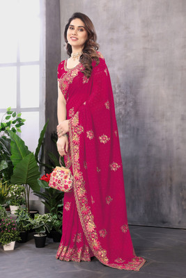 KB DESIGNER Embroidered, Floral Print, Embellished Bollywood Georgette Saree(Red)