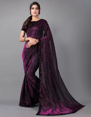 Vragi Embroidered Daily Wear Lycra Blend Saree(Purple)