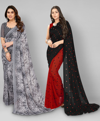 kashvi sarees Printed Bollywood Georgette Saree(Pack of 2, Red, Black, Grey)