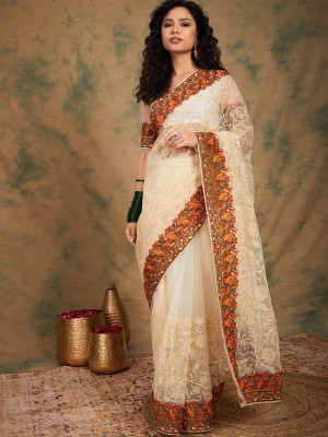 manvaa Embroidered Bollywood Net Saree(White)