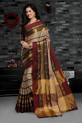 MoonTextile Woven Assam Silk Cotton Silk Saree(Cream)