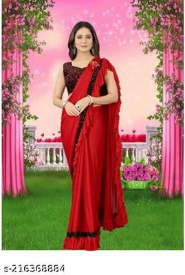 PLEXSTAR Solid/Plain Bollywood Lycra Blend Saree(Red)