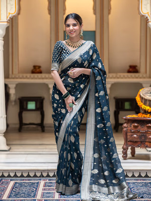 SYNVOZET Woven, Self Design Kanjivaram Pure Silk, Silk Blend Saree(Dark Blue)