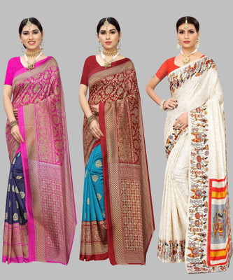Nirvaan Self Design, Digital Print, Printed Mysore Art Silk Saree(Pack of 3, Dark Blue)