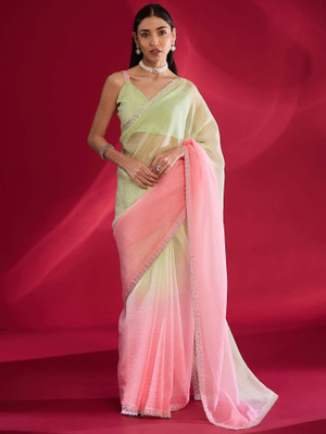 all about you Embellished, Solid/Plain Bollywood Tissue Saree(Pink)