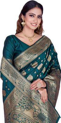 Bhavaanifashion Embellished, Floral Print, Self Design, Woven Kanjivaram Jacquard, Pure Silk Saree(Dark Green)
