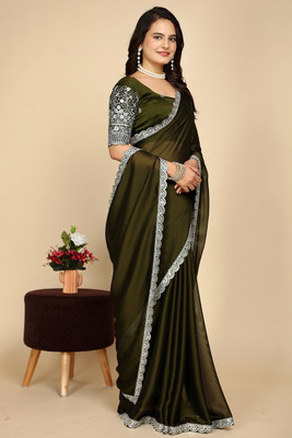 SAADHYA CREATION Embroidered, Solid/Plain Bollywood Chiffon Saree(Green)