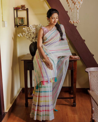 Anjaneya Sarees Printed Bollywood Linen Saree(Multicolor)