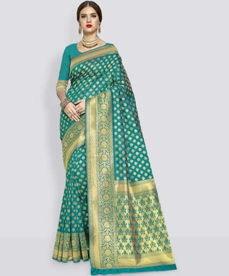 Pari Prints Woven Banarasi Silk Blend Saree(Green)