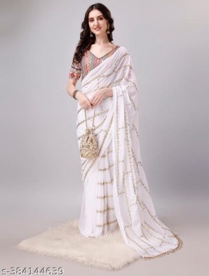 emzo Self Design Bollywood Georgette Saree(White)