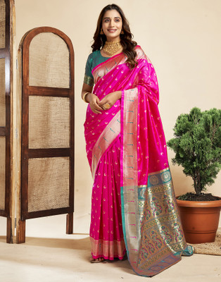 Samah Woven, Self Design Paithani Silk Blend Saree(Magenta, Blue)