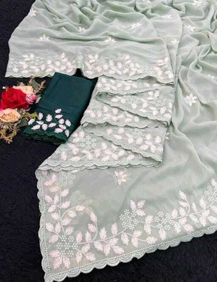 ruhu fashion Embroidered Handloom Chiffon Saree(Green)