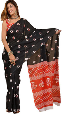 DASTKARPRINT Printed, Color Block, Blocked Printed, Floral Print, Dyed Daily Wear Pure Cotton Saree(Black)