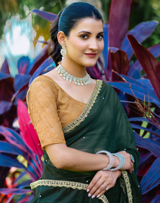 SIRIL Dyed, Embellished, Self Design Bollywood Net, Lace Saree(Green)