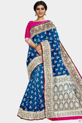 ajmera fashion Woven Banarasi Handloom Satin Saree(Blue)