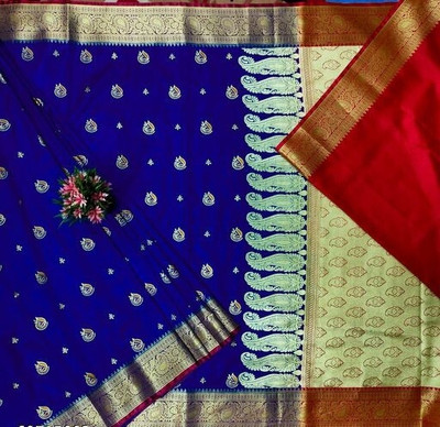 Dulhan Collection Woven Banarasi Jacquard Saree(Blue, Red)