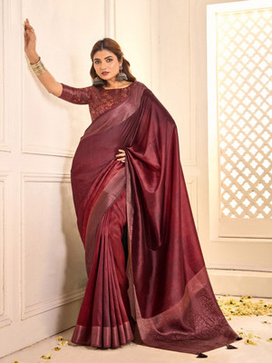 House of Pataudi Woven Jamdani Silk Blend Saree(Maroon)