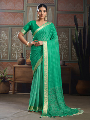 RekhaManiyar Printed Saree with Attached Blouse Crepe Saree(Blue)