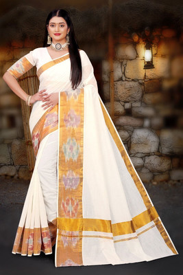Hk Group Woven Kasavu Pure Cotton Saree(White)