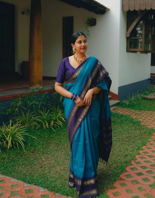 Anjaneya Sarees Woven Banarasi Silk Blend Saree(Blue)