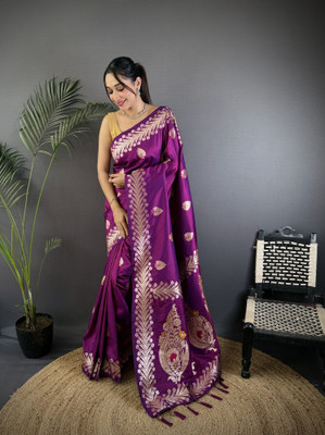 Divastri Printed Banarasi Cotton Silk Saree(Purple)