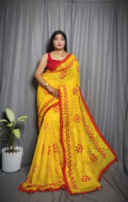 Ramish Sarees Embroidered Bollywood Cotton Silk Saree(Yellow, Red)