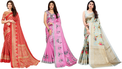 Nirvaan Printed Bollywood Art Silk Saree(Pack of 3, Red, Pink, Light Blue)