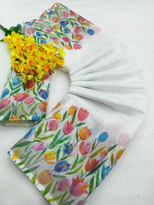 HouseOfCommon Floral Print Kanjivaram Linen, Cotton Linen Saree(Multicolor)