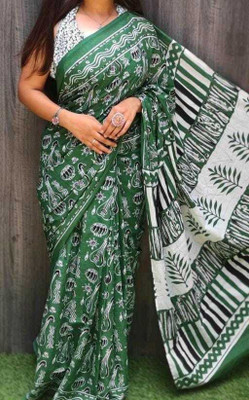 DASTKARPRINT Printed Daily Wear Pure Cotton Saree(Green)