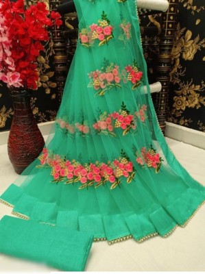 vallavi fashion Embroidered Bollywood Net Saree(Green)