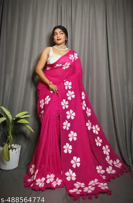 pal saree mahal Floral Print Hand Batik Cotton Blend Saree(Yellow)
