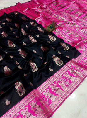 Aadhya Printed Baluchari Silk Blend Saree(Black)