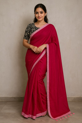 SMRITI HANDLOOM Printed Kalamkari Handloom Pure Cotton Saree(Pink, Black)