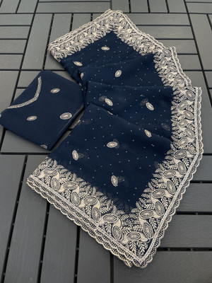 ZOYAL ENTERPRISE Embroidered Bollywood Organza Saree(Dark Blue)