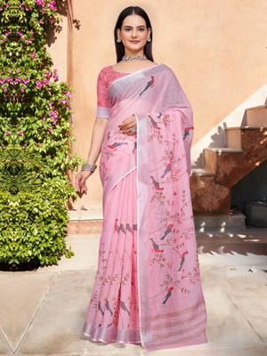Anouk Rustic Digital Print Hand Batik Cotton Linen Saree(Pink)