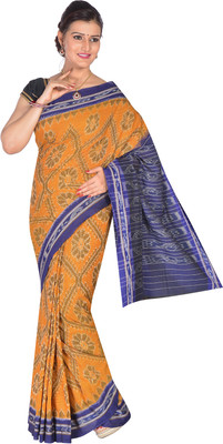 handloom paridhaan Hand Painted, Self Design Handloom Pure Cotton Saree(Yellow, Blue)