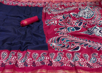 GLAM VILLA Printed Mysore Art Silk Saree(Pink, Blue)
