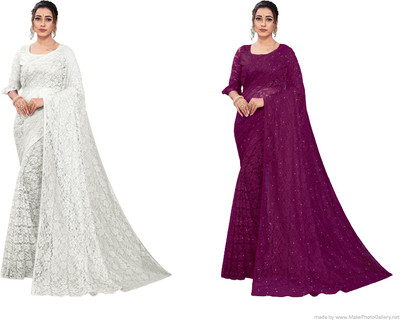 Nilkanthvarni Creation Self Design Bollywood Net Saree(Pack of 2, White, Purple)